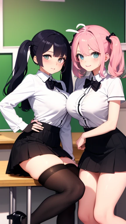 ((2 girls))、(smile:1.5)、Small breasts、(Cowboy Shot)、(fun!!)、(cardigan)、()、(blush:1.4)、Blonde、()、(Eye highlights:1.3)、Blake Black Shoes,(黒いskirt)、bow, button, shirt with collar, Long sleeve, ((red bow tie, , Black jacket, Open jacket, 茶色のcardigan, white shirt, 黒のskirt, チェック柄のskirt、white socks)),, shirt,, skirt, socks, Thighs, white shirt, Rest indoors, ((classroom:1.5))、 BREAK while watching the audience、(skirtを掴む:1.0)、 (Perfect hands, Perfect Anatomy),Cowboy Shot、(skirt lift:1.3),(Highly detailed panties:1.3)、(Highly detailed pink striped panties:1.3)、、(skirt that rolls up:1.3)、(Full-fledged panties:1.5)、Light blue eyes、Glowing Eyes、long hair