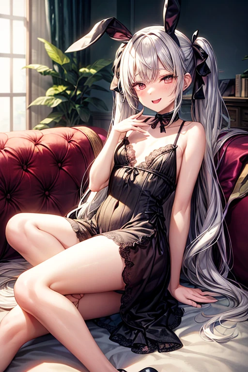 1girl, grey hair,ear cat,lingerie,stocking
