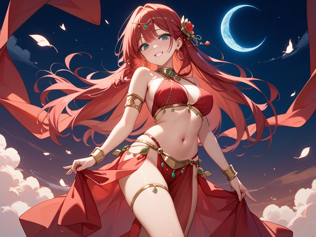 An adult woman with long red glowing hair and yellow eyes like stars is on the beach in the evening watching the stars, look like a TE KÁ from myth. A beautiful person, surrounded by water. Look like a goodess, ancient outfit like amazon