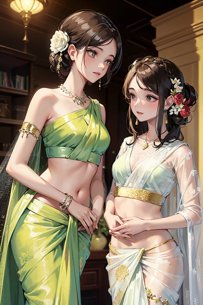 (best quality,4k,8k,highres,masterpiece:1.2):1.37,beautiful detailed eyes,beautiful detailed lips,extremely detailed eyes and face,longeyelashes,2girls,Indian women,ethnic beauty,alluring look,charming smiles,graceful posture,colorful saree,ornate jewelry,dramatic lighting,soft and warm color palette,artistic interpretation,emphasize natural curves,lush background,exquisite details,sexy mood,subtle and sensual,playful and flirty,seductive poses,provocative expressions,lively and energetic ambiance,lush garden setting,flower blossoms,gentle breeze,teasing glances,teasing gestures,busty and curvy figures,sophisticated allure,temporary tattoos,modern interpretation,celebration of femininity,traditional and modern blend,confident and empowered,vibrant and captivating,stylish and fashionable,charismatic presence,radiant and glamorous,traditional Indian culture,passionate and spirited,irresistible beauty,mesmerizing charm,unforgettable allure,mesmerizing eyes,delicate lace details,sensual silk textures,subtle makeup,lustrous hair,perfectly manicured nails,enviable grace and elegance,tempting and enchanting,big breasts