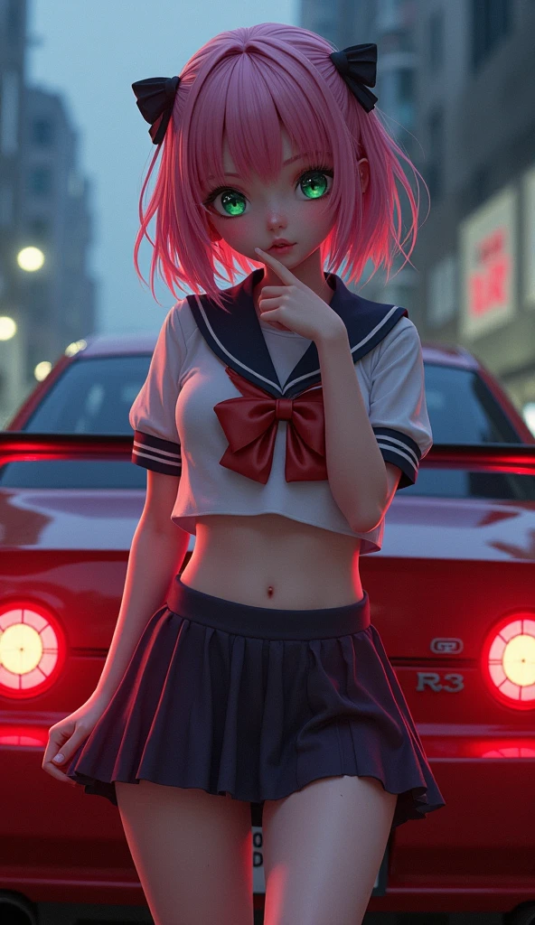 (((a girl next to a vintage car))), girl focus, areolas, ((see through white frilly shirt:1.3), full body, (dark_blue pleated skirt:1.2), (sweaty, see through)), (panty stretched:1.2), 25 years old, (beautiful sunset sky), (village, sunset, orange teal colour grading background:1.5), ((small chest, slim, thin body)), (photography, realistic, bokeh, blur), ((pink hair, side braid)), (cenimatic lights, soft lights, detailed lighting:1.3)