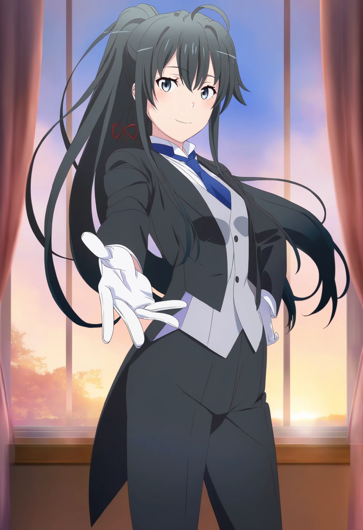 masterpiece, best quality, very detailed, , masterpiece, best quality,  eyelashes, (Beautiful Eyes), cowboy shot, anime,  Official Illustration,,,in front,,,1girl, solo, standing yukinoshita yukino, blue eyes , black hair, long hair, ponytail, tuxedo tailcoat, butler, blue necktie, black pants, white gloves , soft thighs,cool smile, reaching at viewer, handsome girl, shinny eyes , narrow waist