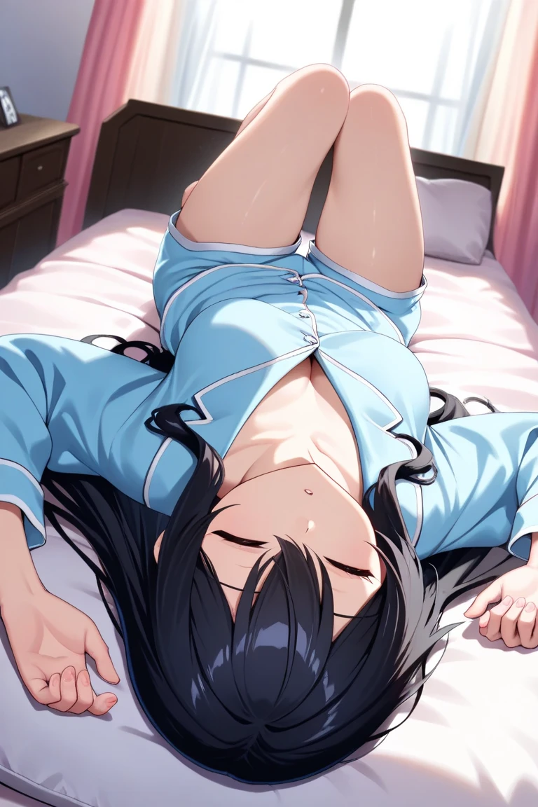 Both legs open, crotch sticking out toward us. 1 female, Japanese High 、white panty, sexual, 1 girl, exposure, thighs, lying on bed, dark room, at night, japanese highschool uniform, Butt、detailed, 8k, pussy, Long Black Hair, clear、
