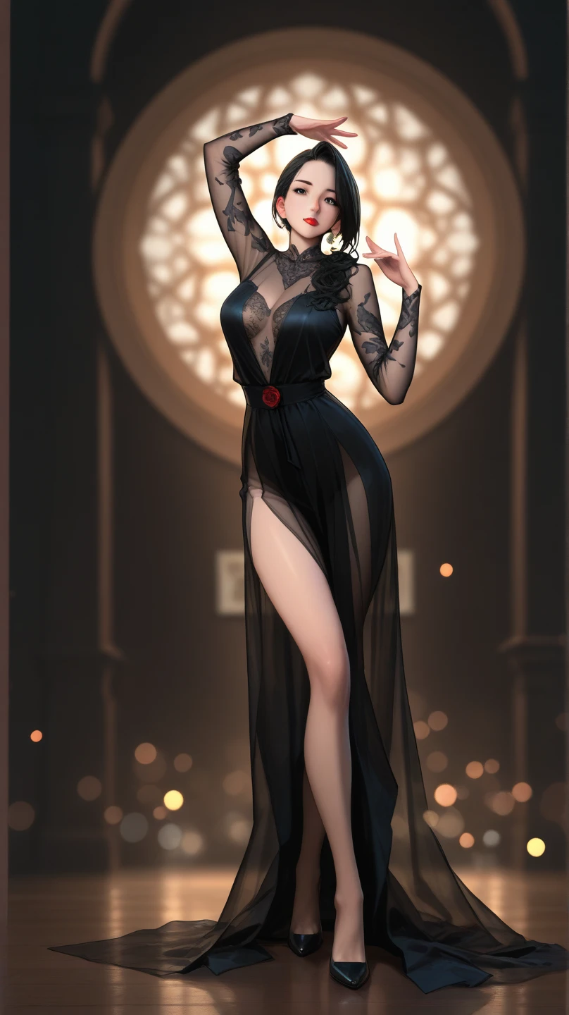 Highest quality、masterpiece、8k、Very detailed、Realistic、Looking at me with a smile、whole body、Black Hair、Small face、Slender、Big Breasts、Thin and beautiful legs、narrow and constricted waist,、Sleeveless shirt with buttons and a collar、A very long tight skirt that accentuates the shape of the buttocks、A shirt that accentuates the shape of your body、A shirt that accentuates the shape of the chest、Erect nipples、Underbust corset、All buttons on the shirt are closed
