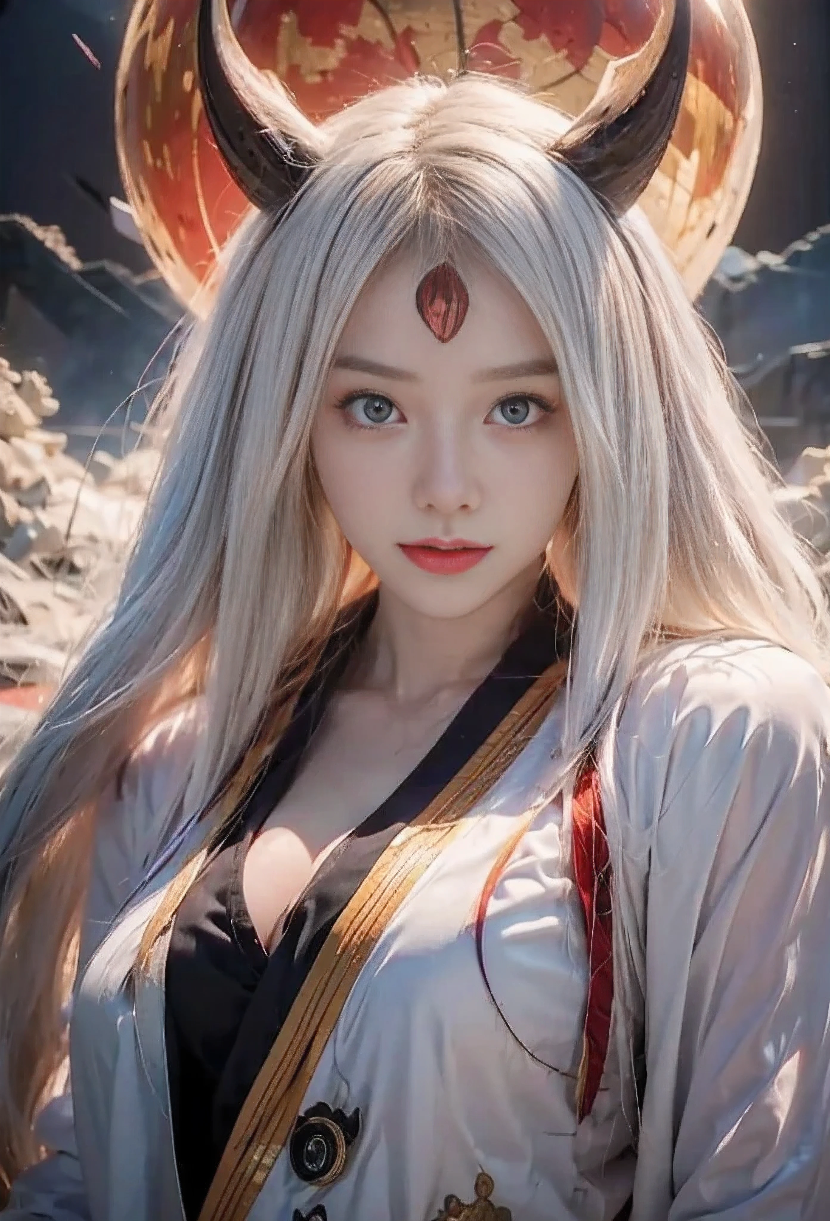 source_anime, (masterpiece), (best quality), score_9, score_8_up, score_7_up, (masterpiece:1.2), (best quality:1.3), 1girl kaguya_otsk, long hair, looking at viewer, third eye, horns, japanese clothes, pale skin, red moon, cleavage, angry expression, facial mark, masterful composition, dynamic movement, low-key lighting, lo-fi, glow, dynamic cinematic lighting, ray_tracing, global illumination, one eye on forehead