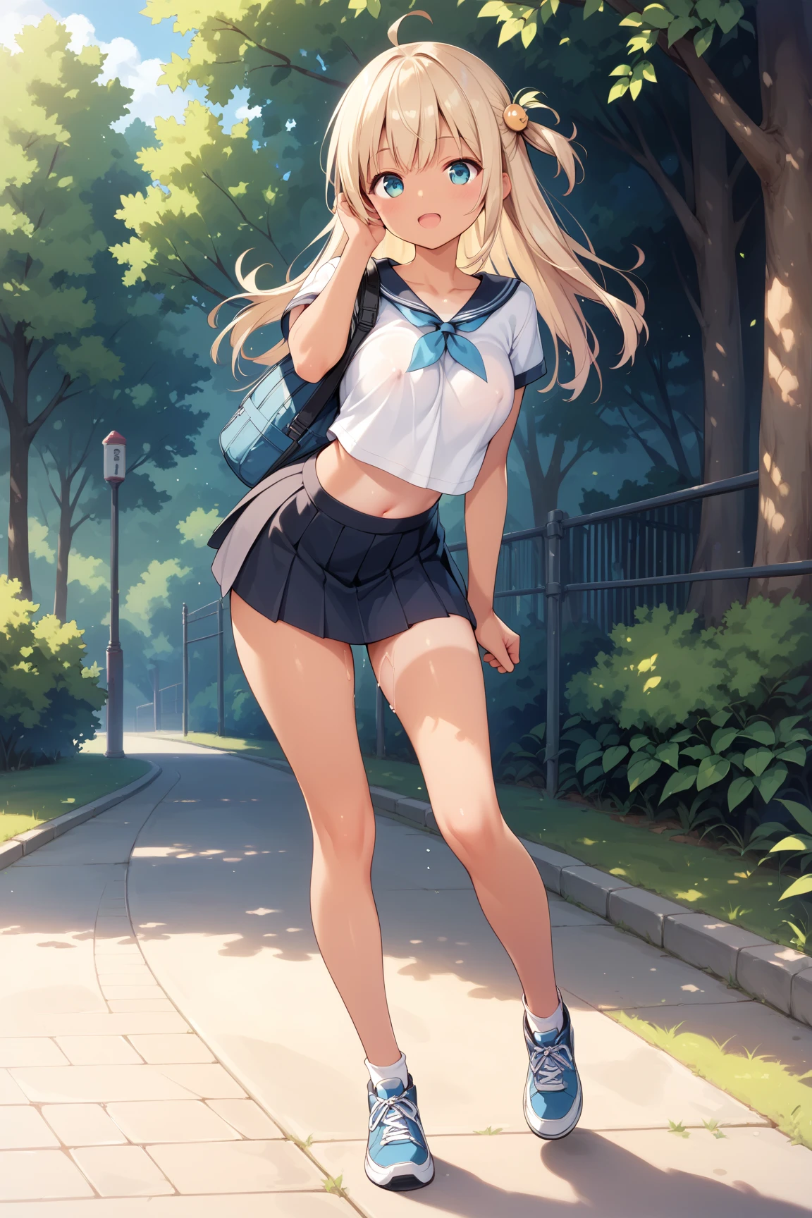 masterpiece, top-quality, hight resolution, omatsuri、Brown-eyed, Lustrous blonde hair,bluntbangs, 校服, a miniskirt, sockes, cowboy shot,Dress Lift:2,Show off your panties、Very thin string panties、Very embarrassing、troubled look、Kneeling、Standing knees、spread legswide、opens legs、crouching down、girl with、Skirt fluttering in the wind、frombelow、Focus on the lower back、Twisting the skirt、lift up one's skirt、perspiring、sexual excitement、Vaginal squirting、vaginal vibrator、NSFW、Feet wet from pee