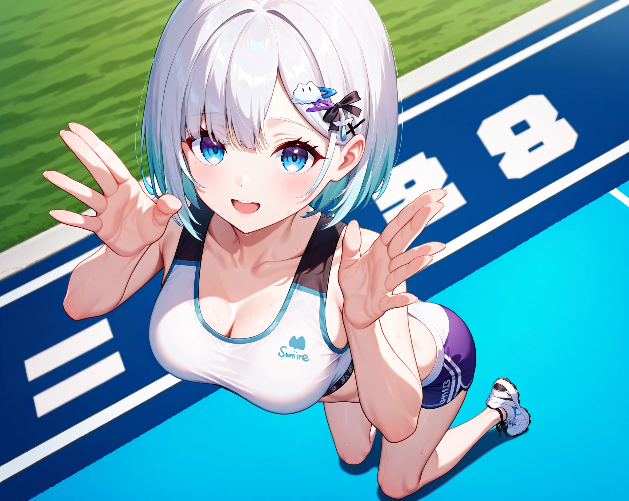 1 Girl、Beautiful silver hair、((((Very short hair))))、Blue eyes、(blue visor)、((Blunt bangs)), 22 years old, ((Tennis uniform)), sleeveless, (tsurime), Tight waist、smile、White panties、sexy pose、jack o pose, top-down bottom-up, (Stick your butt out、Leaning forward:1.1)、At the tennis event venue、from behind, looking back、Sweat、Lens flare、Shallow depth of field