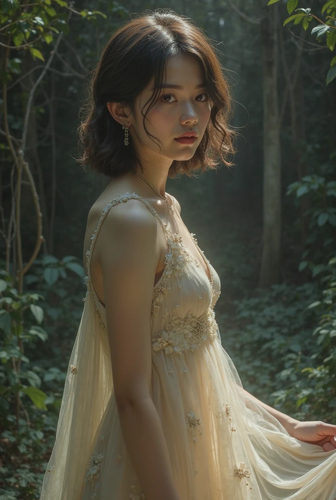 An Indonesian girl wearing a transparent dress sits among the flowers, creating a stunning image with a misty forest theme. Natural beauty and mystical impression are integrated in this moment, highlighting the girl's elegance amidst a magical atmosphere.