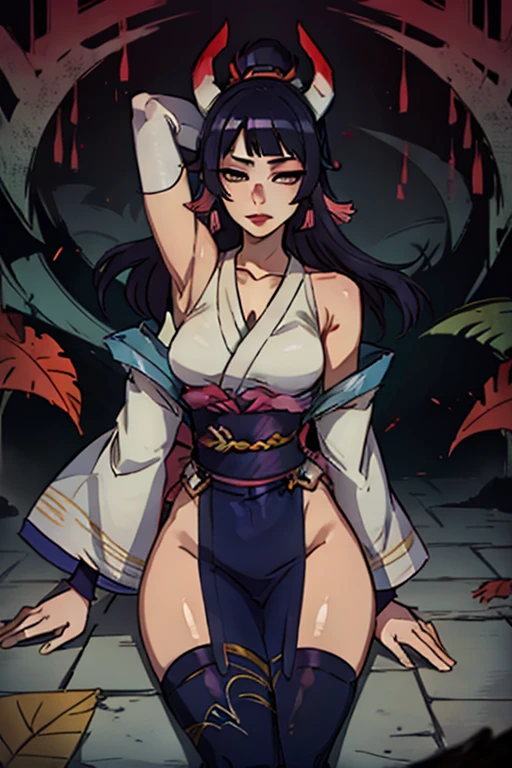 Full-length (Body Full 1.1.), lies on the tatami, One Demon Girl, is looking at the camera, Beautiful waist, Hands Behind Your Back, sexypose, handsome body (Correct anatomy), stands leaning forward, Keeps his hands behind his back, sexy japanese clothes, Japanese style clothes, demon geisha, beautiful body is completely visible, Masterpiece, Best Quality, in full height (Body Full 1.1.), Beautiful waist, nice feet, hiquality, Highly detailed face, Depth of field, HDR, Very detailed, Ray Tracing, full - body, Dark Fantasy, Demon Tattoo, Ultra Beautiful, lovely small breasts., 1girl, 独奏, looking a viewer, black hair, hair ornament, Jewelry, closed mouth, Green eyes, Yellow eyes, japanese clothes, kimono, makeup, lipstick, slit pupils, glowing eyes, angry, red-lips, hair stick