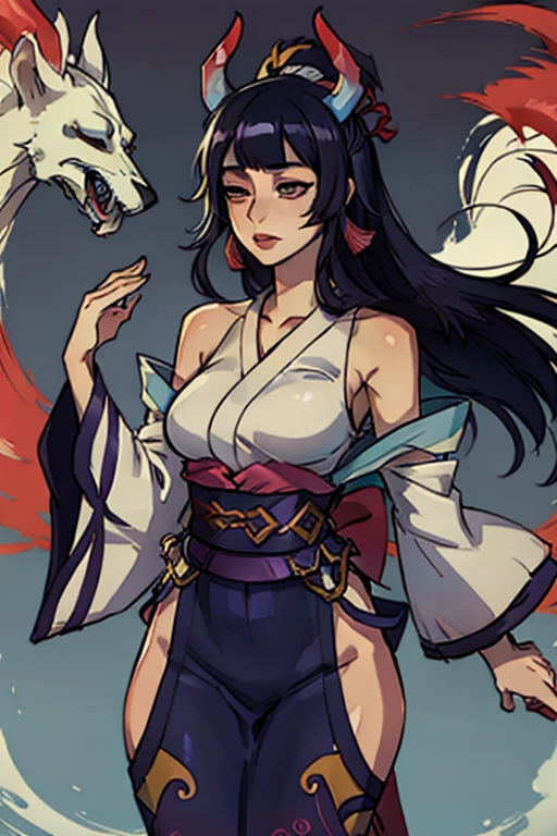 anime girl with long black hair and a white top and purple dress, ahri, dark fox mage, ahri from league of legends, a beautiful kitsune woman, commission for high res, fox nobushi, kitsune, onmyoji detailed art, onmyoji, akali, beautiful anime catgirl, seraphine ahri kda