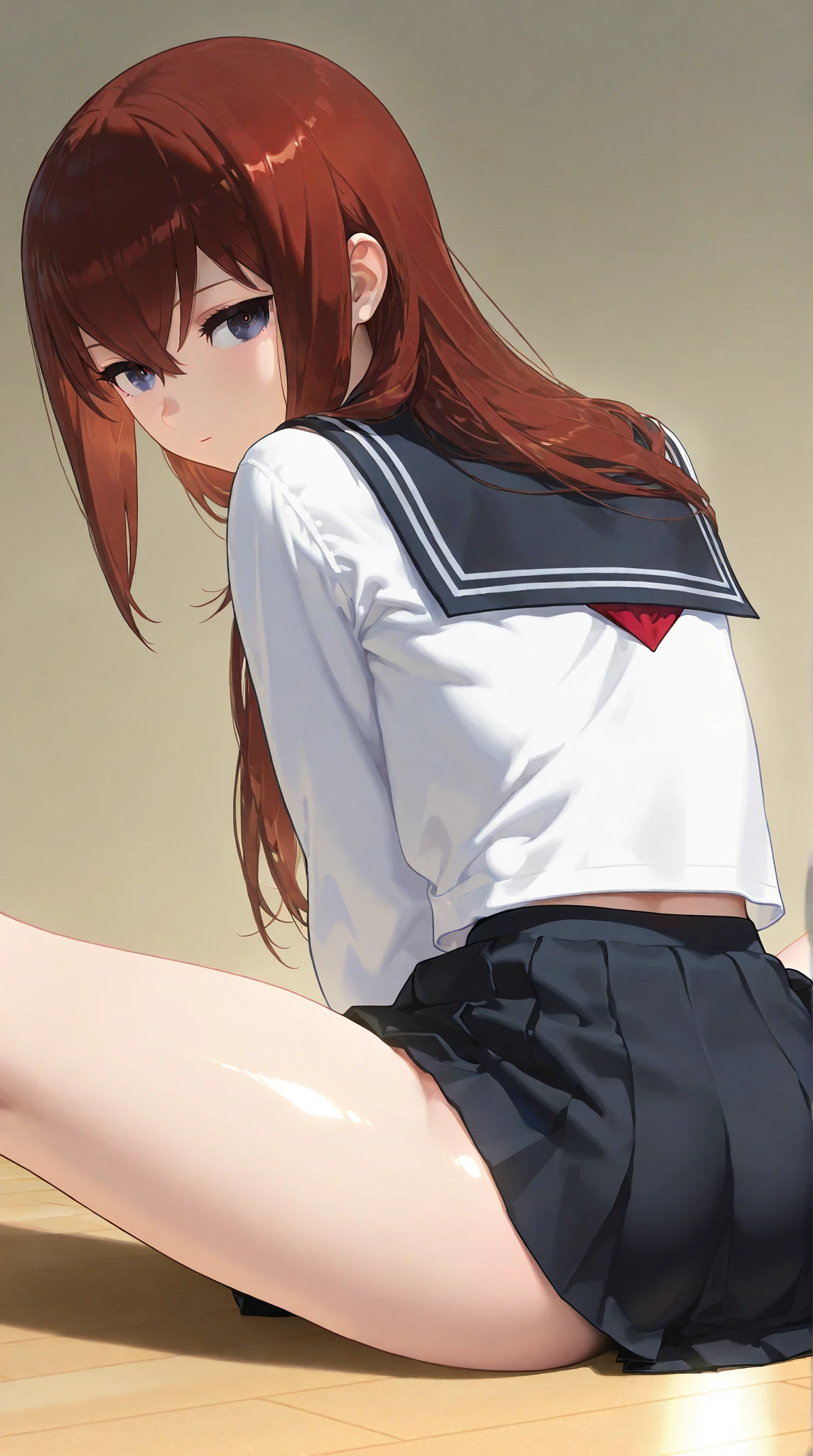 highest quality, masterpiece, High resolution, 1 girl, white dew (KanColle)(white dew改二 艦隊これくしょん:1.15), brown hair, red eyes, smile, slender body, full body figure,red headband, black(Sailor Suit), pleated skirt, classroom background, slender body, full body figure, skirt lift, (panties), (good), squat, (striped underwear),