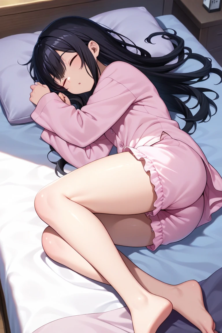 Black hair asian girl, , on a bed, thighs, blush, black eyes, love eyes, a cup, pink lights, solo, 1girl