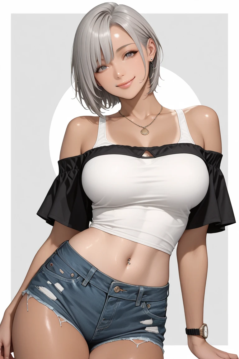 (( (T Masterpiece),(Highly detailed CG Unity 8k wallpaper, highest quality,cinematic lighting,Photoreal, detailed background,beautiful and detailed eyes,(very detailed and beautiful),(beautiful and detailed eyes description),Super detailed,T Masterpiece,High resolution)), (perfect anatomy:1.2), (buckshot:1.4), Curvaceous, (constricted waist, big, tight ass), ((silver short hair:1.8)), (braided hairstyles:1.3, light blue eyes:1.4), (denim shorts:1.5), (white bikini:1.5), ((grassland:1.5)), ((1 female))