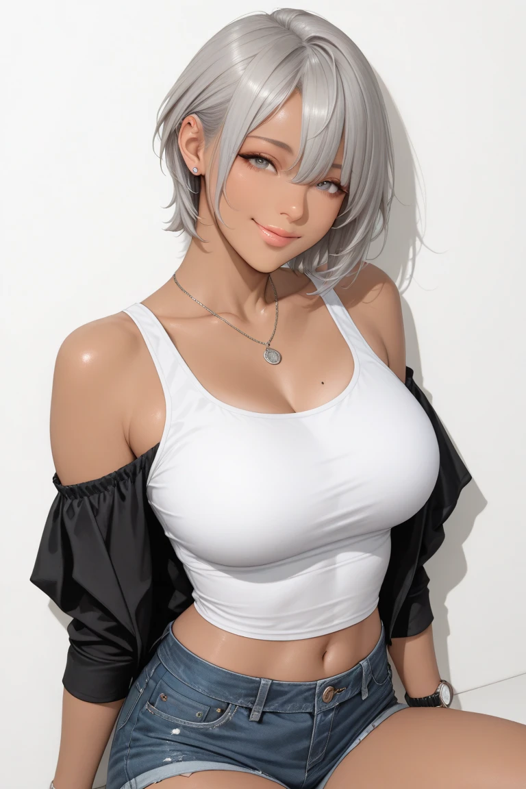 Sexy, slim woman with gray eyes and a sexy pose, dressed in super hot short shorts, huge breasts, holding breasts