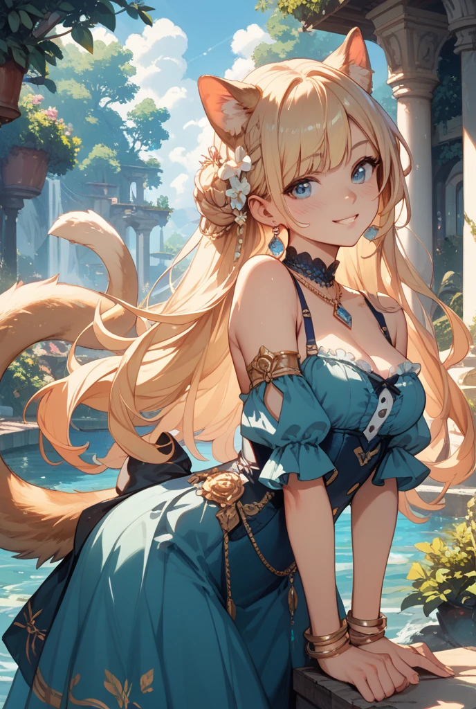"A stunningly beautiful young woman with long straight blonde hair, captivating blue eyes and blue cat ears, wearing a blue bikini that accentuates her very large breasts and massive ass."
