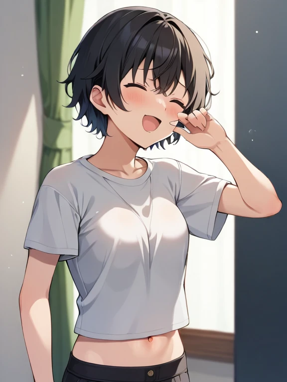 NSFW,(highest quality:1.2),(perfect beautiful face:1.2),(perfect and beautiful posture:1.2),(cowboy shot,Solo,Japanese  man),(short cut hair,flat chest:1.2), ((confused,embarrassed and blush:1.3)), shyness:1.1, (Sweaty, sunburned skin:1.3), ((sweaty wet sexy ttop and Panties)) nipples:0.avel oe, looking at viewer, seductively posing, (sexually bedroom:1.2),wide eaming body, (covering eyes:1.4), (hand over eyes), arms up,show teeth