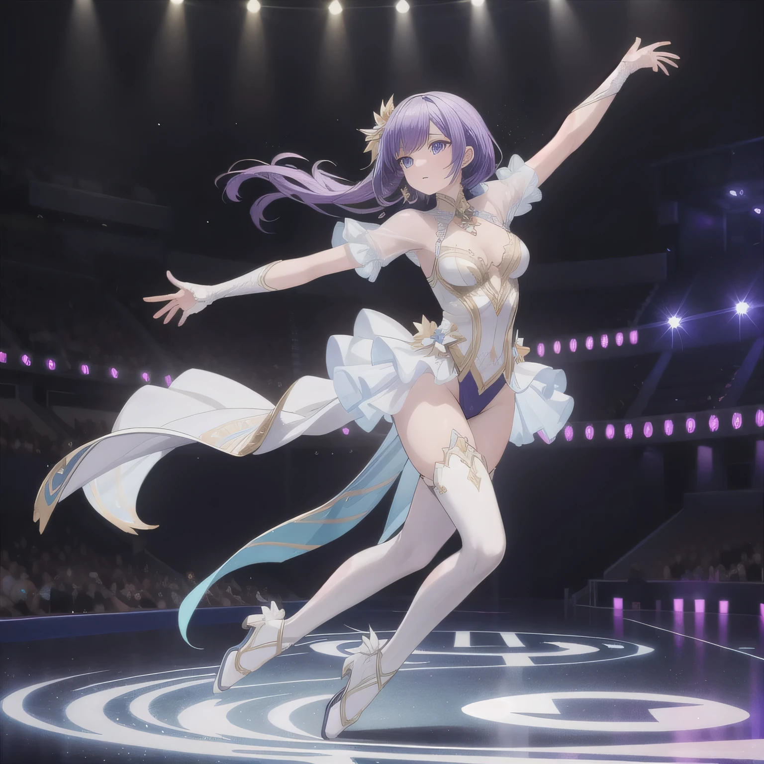アイススケート
A breathtakingly beautiful 20-year-old woman glides dynamically across the ice rink, dressed in an exquisitely detailed and elegant figure skating costume. Her graceful movements exude both power and finesse as she carves intricate patterns into the ice. The soft arena lighting casts a gentle glow, highlighting the shimmering fabric of her outfit and the fluidity of her performance, creating a mesmerizing scene of beauty and athleticism. Purple hair, long hair, blue eyes.