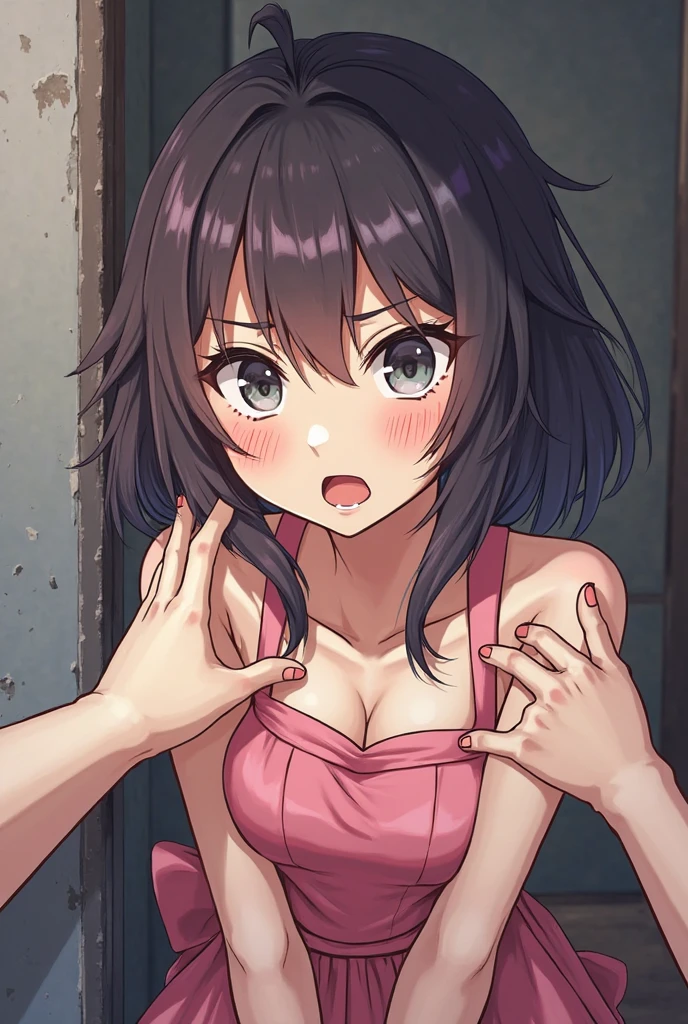 (masterpiece:1.2), hyper detail, best quality, (intricate_details:1.1), beautiful detailed, beautiful hair, solo,1girl,YUNYUN, CROWN BRAID, HAIR ORNAMENT, HAIR BOW,PINK NECKTIE, LONG SLEEVES, CLEAVAGE,torn clothes,((blurry_background)),sweating,greasy shoulder,from below,flipped hair,armpit,greasy armpit,((armpit focus)),bare shoulder,upper body,five fingers,(sideboobs),five fingers,((greasy armpit)),((smooth armpit)),((Pupil details)),backlighting,((Stretch oneself)),((hand on chest)),((five fingers)),((Detailed armpit)),((elastic armpit)),((soft armpit)),cleavage,upper body,((young girl)),looking side,blush,open mouth,flustered face,((wet armpit)),((wet body)),((greasy body)),((backlighting)),under shaded,simple background,white background