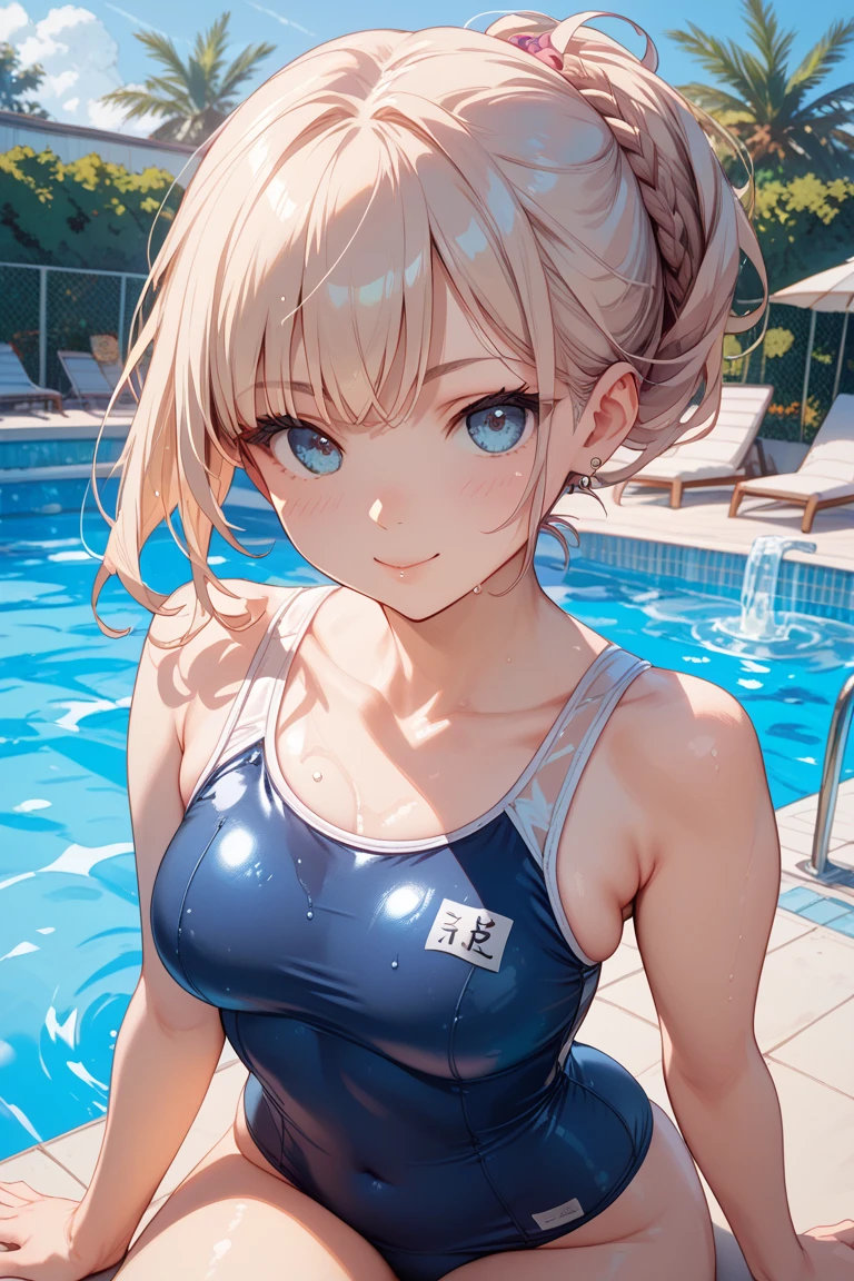 (masterpiece,Highest quality,Ultra-high resolution),Japanese women, (((Very clean))), Silver Hair､ ((Beautiful low ponytail)), Very cute face, Glossy Lips, Large Breasts、 Natural Makeup, Long eyelashes, Shiny and smooth hair､Center image, Perfect limbs, Perfect Anatomy,(((Navy school swimsuit)))、((See through)),Sweat,tall,Pool