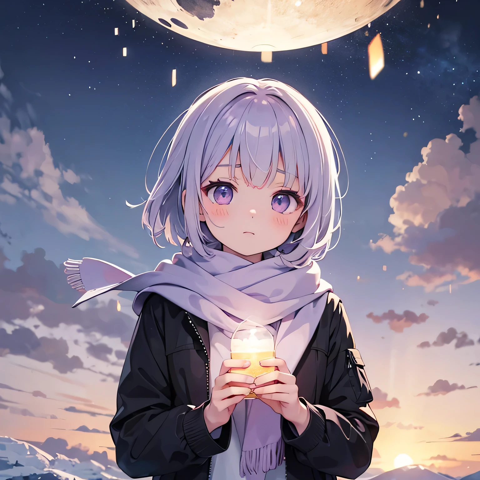 A melancholic anime girl with short cream hair and light purple eyes stands in the middle of a beautiful cloudy sky filled with balls of light, conveying a subtle sense of loneliness, wearing a black winter jacket and wearing a light purple scarf.