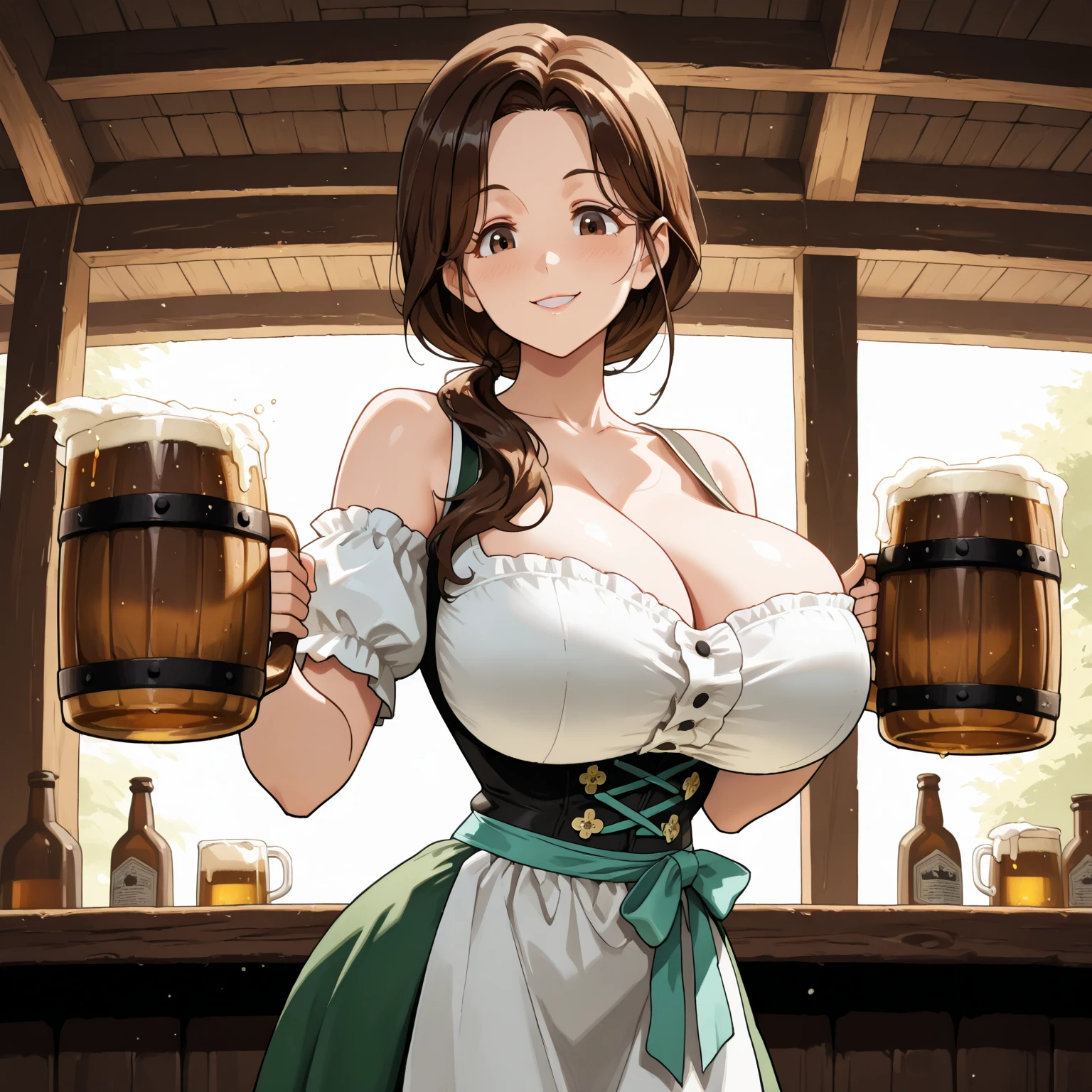 (masterpiece, top quality, best quality, official art, beautiful and aesthetic:1.2), (1girl:1.3), auburn hair in big curls, extremely detailed, portrait, looking at viewer, solo, (full body:0.6), detailed background, close up, (warm summer tavern theme:1.1), freckles, extremely busty tavern maid, bard, charlatan, smirk, mysterious, working in tavern, revealing bard attire, dirndl dress, dirndl, corset, straps, long boots, mugs of beer, ((((gigantic breasts, cleavage, skindentation)))), slim waist, slim hips, long legs, medieval (tavern interior:1.1) background, dark mysterious lighting, shadows, magical atmosphere, dutch angle