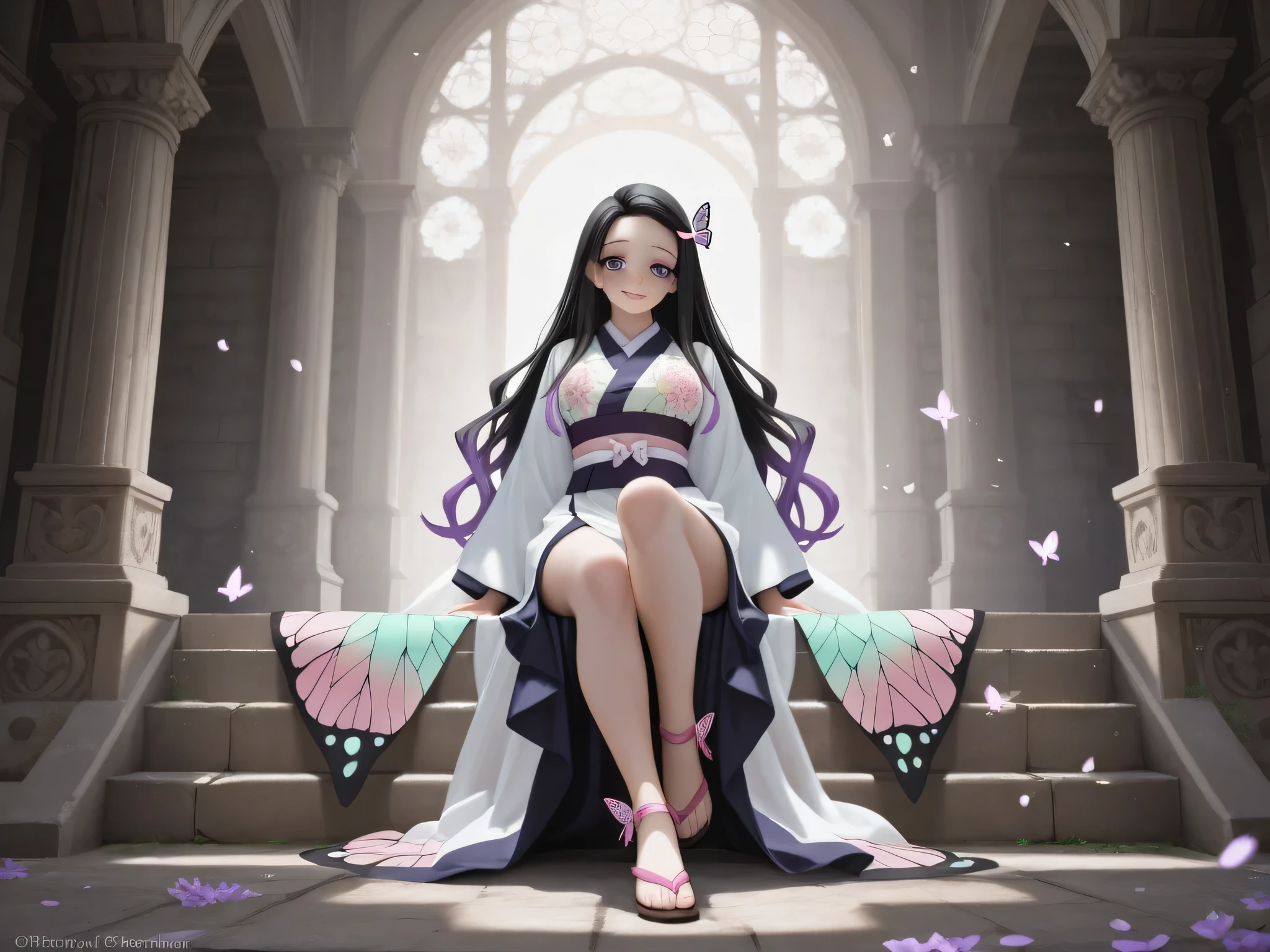 Masterpiece, Top Quality Illustration, Hyper-Realistic Anime, Shinobu Kochō from Kimetsu no Yaiba, Larger Bust, Beautiful Detailed Face with Mesmerizing Purple Eyes, Lovely Radiant Smile, Sexy Sitting Pose with One Leg Slightly Raised, Accurately Detailed Semi-Nude Outfit with Butterfly Motifs, Flowing Purple-Black Gradient Hair, Soft Graceful Fingers Playing with a Flower, Bright Sunbeam Filtering Through Ancient Temple Ruins, Spectacular Background Inspired by Kimetsu no Yaiba Aesthetics, Sparkling Butterflies Flying in Slow Motion, Floating Petals and Magic Dust in the Air, Reflective Silky Textures on Clothes, Cinematic Hyper-Realism, Dreamy Ambient Colors, Vivid Lighting with Perfect Soft Shadows, Extremely Clean Lines, No Deformities, No Watermark, Pure Aesthetic Perfection, Enchanting Atmosphere with Perfect Blend of Anime Realism, Ultra-Fine Detailed Embroidery on Her Haori, Subtly Captured Realistic Breathing Movement, Heartwarming and Captivating Presence.