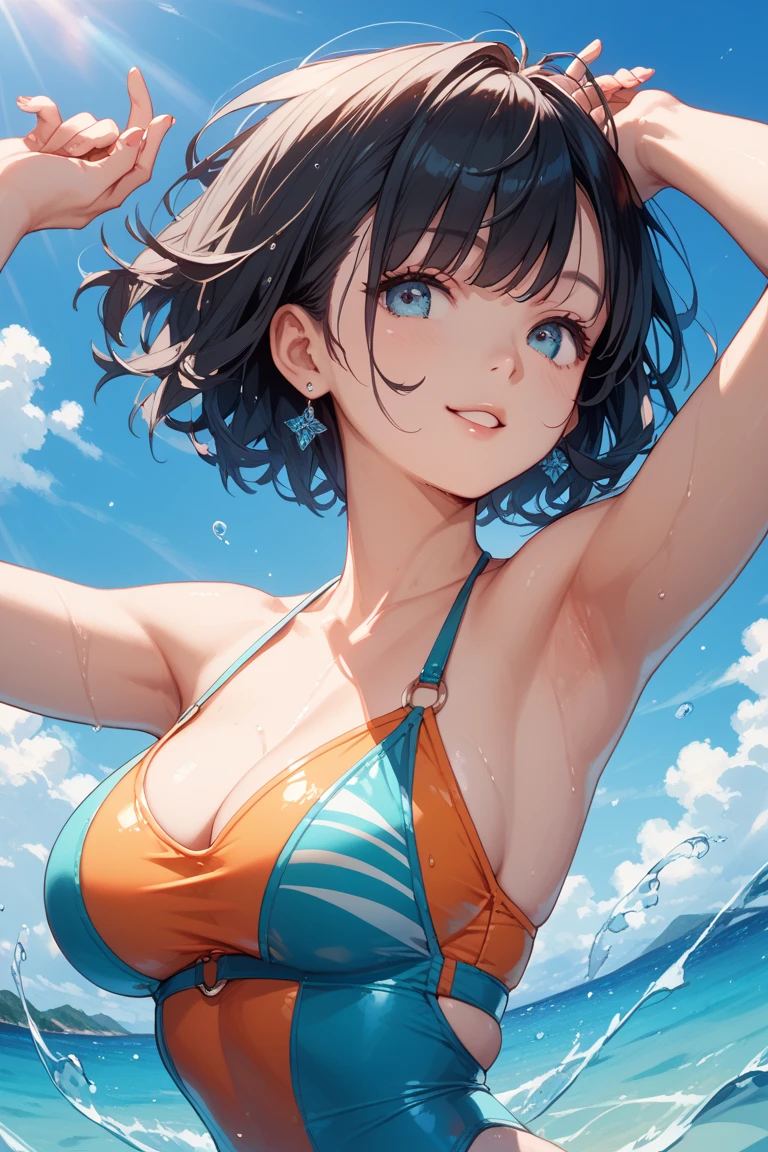 1 girl、Shortcuts、Gray Hair、She is 16 years old、Brown Skin、Wearing a white bikini、Beautiful brown eyes、Lean and muscular body、barefoot、Colorful Bracelets、Colorful anklets、Laugh brightly、Dance cheerfully、Upper body close-up