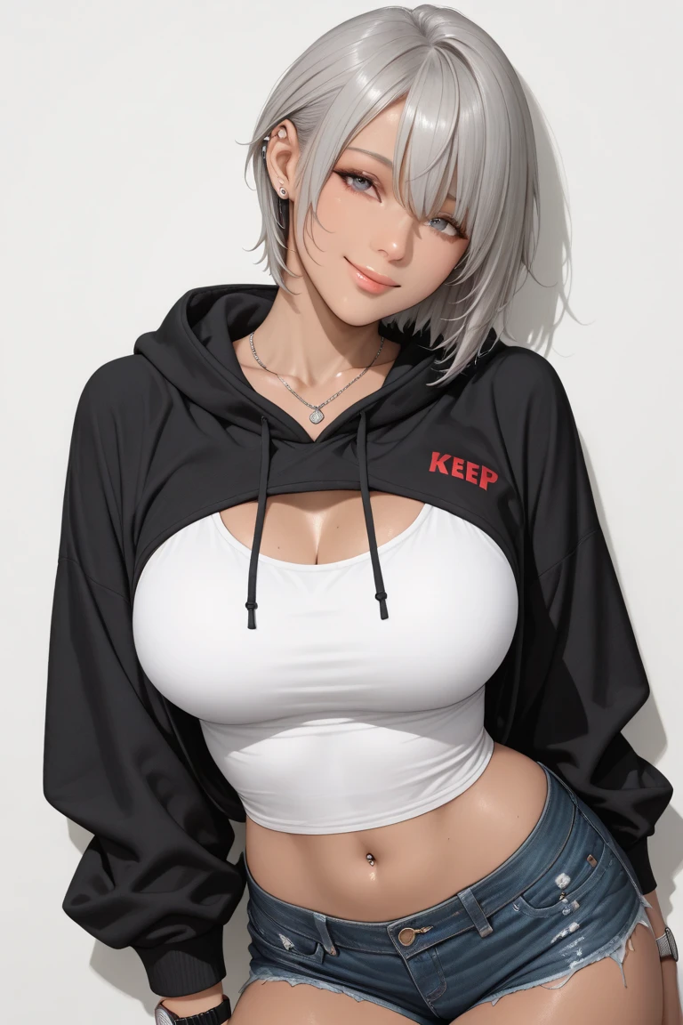 (masterpiece, best quality, perfect face, (beautiful and aesthetic:1.2), extremely detailed, highest detailed face), (beautiful short dark elf girl, (white short hair:1.4), (green eyes:1.2), (dark brown skin:1.5), fake breasts, (narrow waist), (thick thighs), wide hips, large thighs, pointy elf ears), (exposed belly:1.2), ((wears micro shorts and a black hoodie:1.4)), ((dark fantasy background)), (high quality, hyperrealistic, CG, unity, 4k),