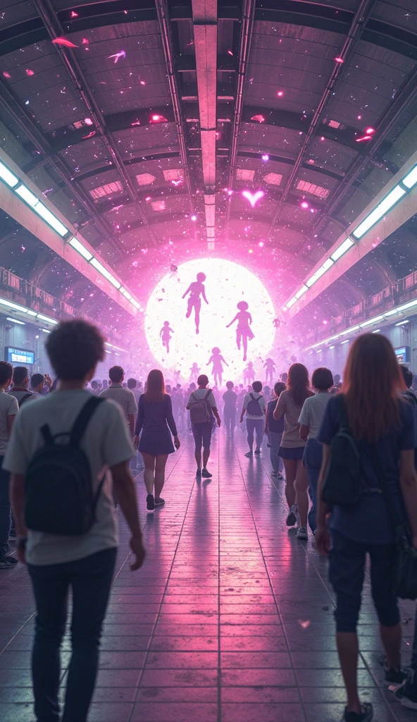 A cinematic anime scene of a glowing dimensional rift opening inside a busy subway station, flooding the space with anime characters of all styles — fantasy warriors, sci-fi androids, schoolgirls, and dragons — rushing out into the real world. Neon lights reflect off the tiled floors, smoke and magic particles swirl through the air. A crowd of shocked people watches. Hyper-detailed, dynamic action, colorful lighting, anime movie style, ultra-realistic backgrounds, Studio Ghibli and Makoto Shinkai influence.
