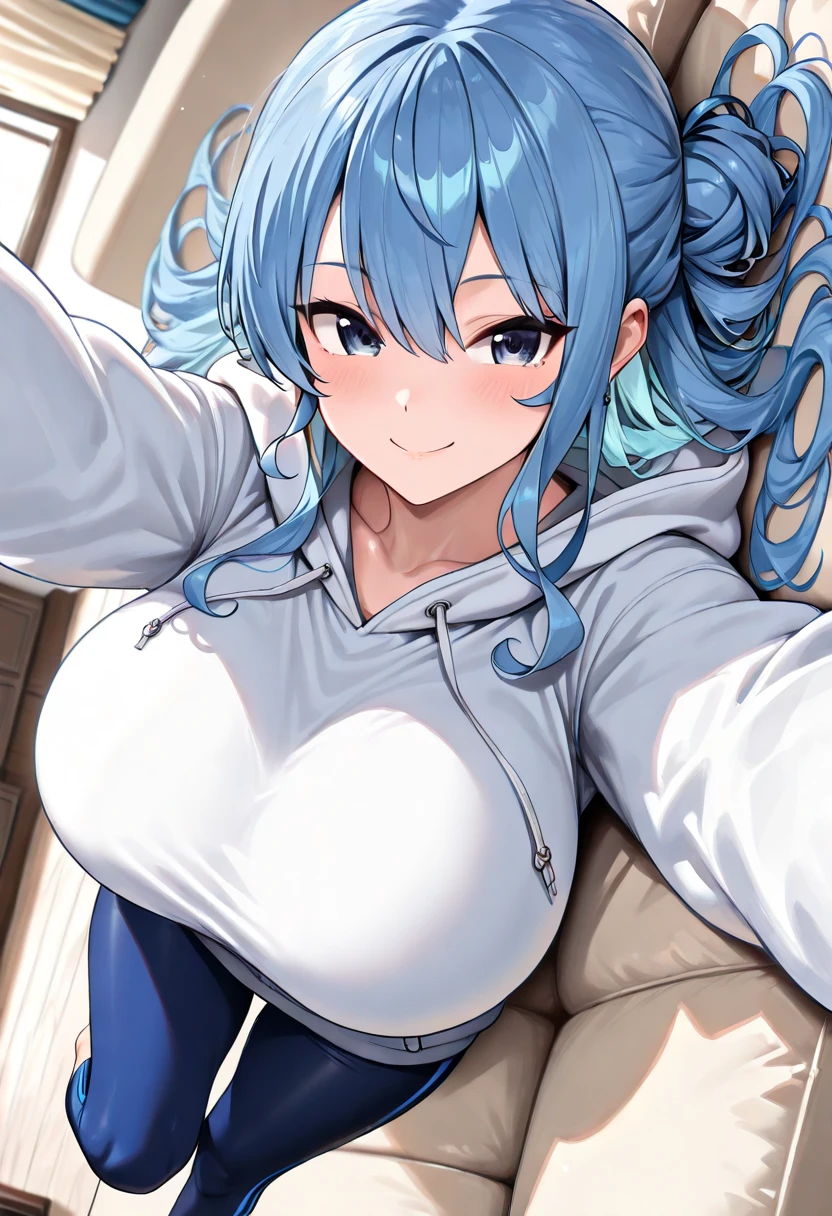 score_9, score_8_up, score_7_up, BREAK from below,,(girl sit on chair,on your back),(selfie),1girl,bulma, blue eyes, blue hair,bare shoulders, belt, cleavage, hair bobbles, hair ornament, hair over shoulder,large breast,midriff, navel, one side up, red tube top, shorts, side ponytail, (strapless, tube top,under_boob:1.2),looking at viewer,facial expression,sharp eye,smile,masterpiece, best quality,  detailed body, highly detailed, anime coloring.anime,[anime_screencap:0.8] , highly detailed,