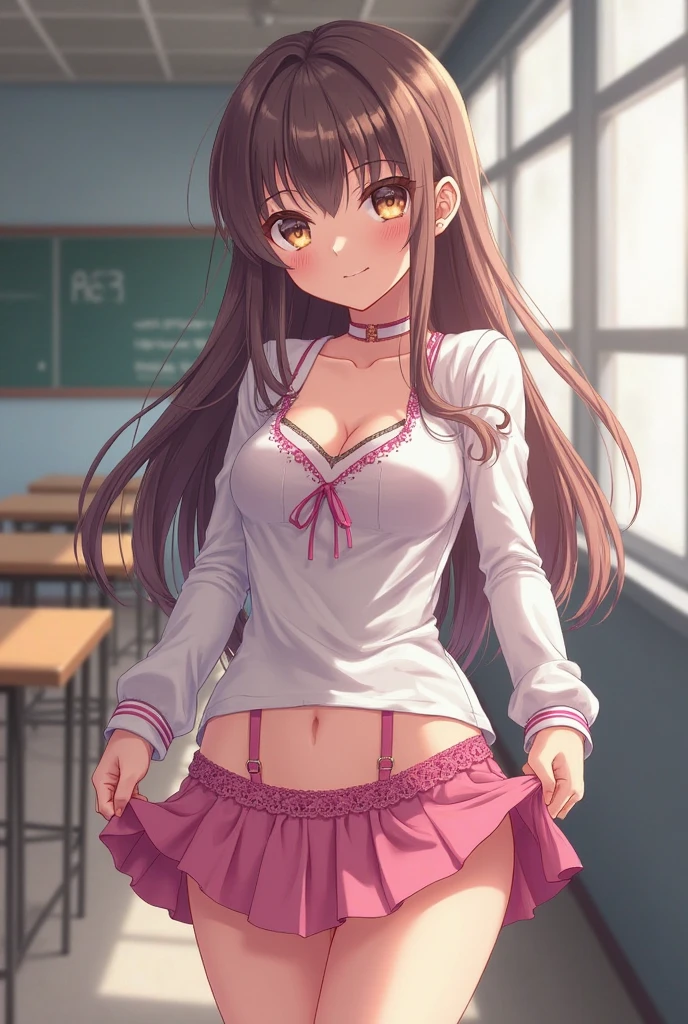Ultra realistic , girl, obra maestra, mejor calidad, alta calidad, defined, detailed, HD, (piel morena), ojos definidos, ojos cafes intensos, long eyelashes, small mouth, sonrisa, :D, very long hair, pelo liso, pelo oscuro, cuerpo reducido, bosom barely contained, big breasts, sexy, posando foto, estudio, mini skirt rosa, sin sostenes, no bra, excitada, pezones erectos, libros, sentada, leyendo, nice view, full body, nice body, pink, camisa blanca, camisa ajustada, abierto, mojada, chorreada, caliente, tight, sonrojada, nice legs, no socks, sin flequillo, peinada hacia atras, nude