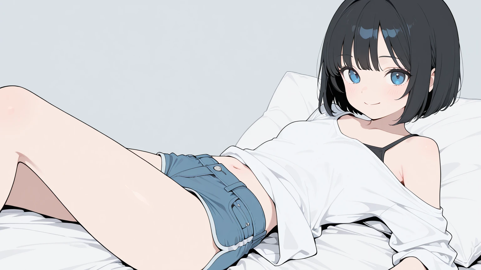(masterpiece, highest quality:1.2), {best quality}, {very aesthetic}, {ultra-detailed}, {best illustration}, nsfw, ,One girl, Lying in bed, Bobcut, Bluish black hair、White sleeveless tank top，Blue Denim Shorts,