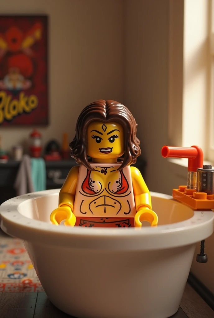 long brown wet hair tucked behind ears, yellow bikini top with peace sign, thick black eyeliner, exhausted and frustrated, gritting teeth angrily, big detailed teeth, perfect teeth, big forehead, big breasts, big cleavage, breast inflation (best quality,4k,8k,highres,masterpiece:1.2),ultra-detailed,(realistic,photorealistic,photo-realistic:1.37),dramatic lighting, ultra hd, sexy evil bodybuilder elf, long pointy ears, detailed ears