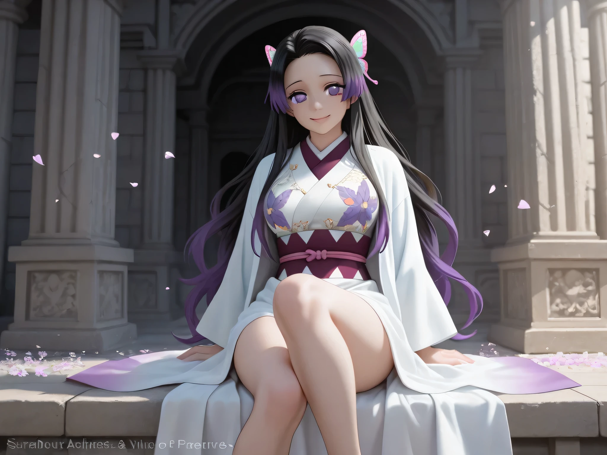Masterpiece, Top Quality Illustration, Hyper-Realistic Anime, Shinobu Kochō from Kimetsu no Yaiba, Larger Bust, Beautiful Detailed Face with Mesmerizing Purple Eyes, Lovely Radiant Smile, Sexy Sitting Pose with One Leg Slightly Raised, Accurately Detailed Semi-Nude Outfit with Butterfly Motifs, Flowing Purple-Black Gradient Hair, Soft Graceful Fingers Playing with a Flower, Bright Sunbeam Filtering Through Ancient Temple Ruins, Spectacular Background Inspired by Kimetsu no Yaiba Aesthetics, Sparkling Butterflies Flying in Slow Motion, Floating Petals and Magic Dust in the Air, Reflective Silky Textures on Clothes, Cinematic Hyper-Realism, Dreamy Ambient Colors, Vivid Lighting with Perfect Soft Shadows, Extremely Clean Lines, No Deformities, No Watermark, Pure Aesthetic Perfection, Enchanting Atmosphere with Perfect Blend of Anime Realism, Ultra-Fine Detailed Embroidery on Her Haori, Subtly Captured Realistic Breathing Movement, Heartwarming and Captivating Presence.