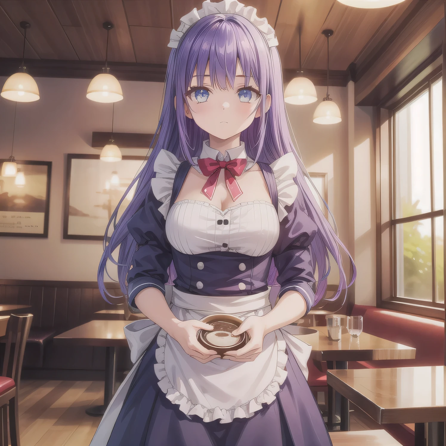 A girl is working as a waitress in a cozy cafe. She's wearing a classic maid outfit. The air feels warm and calm, and it's like you can almost smell the coffee through the picture. Purple hair, long hair, blue eyes.