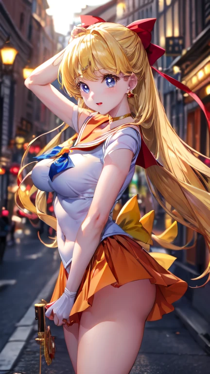 Best Quality, High Resolution, Venus 1, 1Girl, ,Solo, Sailor Senshi Uniform, Sailor Venus: 1.3, Minako Aino, Blonde, Magical Girl, Blue Eyes, Orange Skirt, Elbow Gloves, Collar, Pleated Skirt, Ribbon, Orange Sailor Color, Orange Miniskirt: 1.3, Choker, Red Ribbon, Orange Choker, White Glove, Extra Long Hair, Jewelry, Earrings, Smile, Street, Big Tits Overhanging in Front: 1.5, Fold Up: 1.5, Very Short Skirt: 1.5, Show Panties: 1.5, (Shibuya Street at Night When No One Is Around: 1.5), Put Your Hands On Your Hips: 1.0, (Huge Breast, Big Tits, Slender Waist), Cute: 1.5, Big Kick: 1.4, ( Sexy Lace Crotchless Panties Wiht Bow),Small Face,(Nasty Body),Grabbing Skirt With Hands,Long Legs,, BDSM,Glowing Light,(cameltoe),nsfw,(legs apart:1.3),
