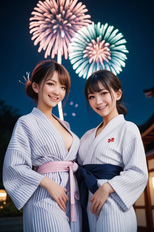 (masterpiece, realistic, photo-realistic:1.2), finely detail, ultra high res, perfect anatomy, best quality, 8K, soft focus, (happy smile:1.2), (3girls, harem, 16yo Japanese short girls, nsfw:1.2), portrait, upper body shot, focus on breasts, (black straight hair, short hair, blunt bangs:1.2), beautiful detailed face and big eyes, (glowing fair skin, shiny oiled body:1.2), (pointed huge breasts, gigantic breasts:1.2), (bloom, awesome detailed fireworks, night view, sea side:1.2), standing pose emphasized breasts, kimono,