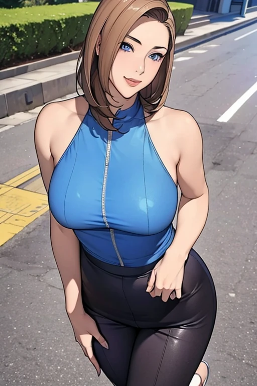 ((1girl)),((alone)),nobara kugisaki,(masterpiece), (best quality), (ultra detailed), (best illustration), (best shadow), (absurdities), sharp focus, cowboy shot , looking at the viewer, dynamic posture, 18 years old, short hair, orange hair, brown eyes, mole below the outer edge of the eye, large breasts, narrow waist, wide hips, wide thighs, round butt, (sleeveless, short blue jacket dark, open jacket, bare waist, navel, white sports bra, cleavage, collarbone, black yoga pants, thigh gap, thick thighs, black pants, hand on hip, seductive smile, black pantyhose, (sexy pose:1.2) , alone,standing:1.2, exterior,cityscape, japanese city,streets, dusk, looking forward, ((focus on the senses), pov (from above) expression would be, red blush, perfect anatomy, perfect hands