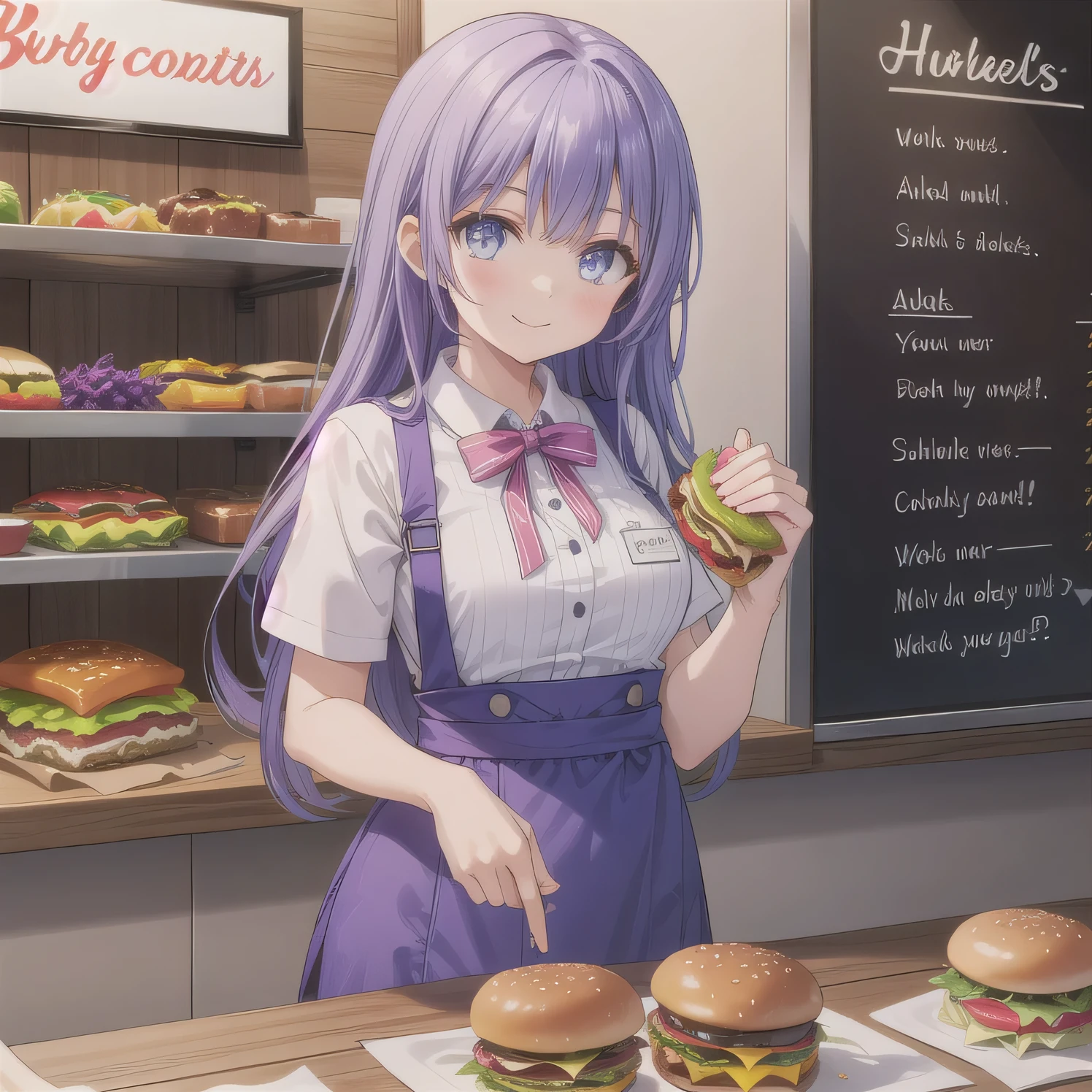 She is a cheerful girl working behind the counter at a cozy burger shop. She is wearing a cute burger shop uniform and smiling warmly at the customers. The background shows a bright and clean fast food counter with menu boards. Purple hair, long hair, blue eyes.