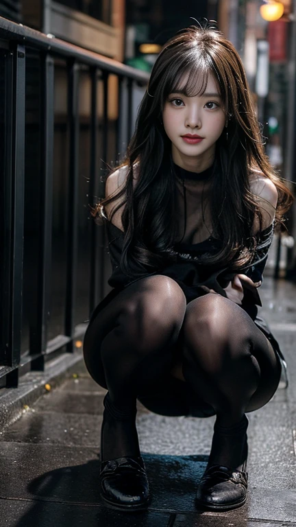 Masterpiece, Best Quality, Extremely detailed, Cinematic Lightning, intriciate detail, high resolucion, Official Art, Beautiful face and eyes with delicate details, high resolucion 그림, 8K, Bokeh, Solo, 1Girl, girl with red eyes,Black long hair, Beautiful red eyes, beautiful scenery, Rainy city, s whole body, looking up at viewer,Pantyhose,(((Pretty shoes)))