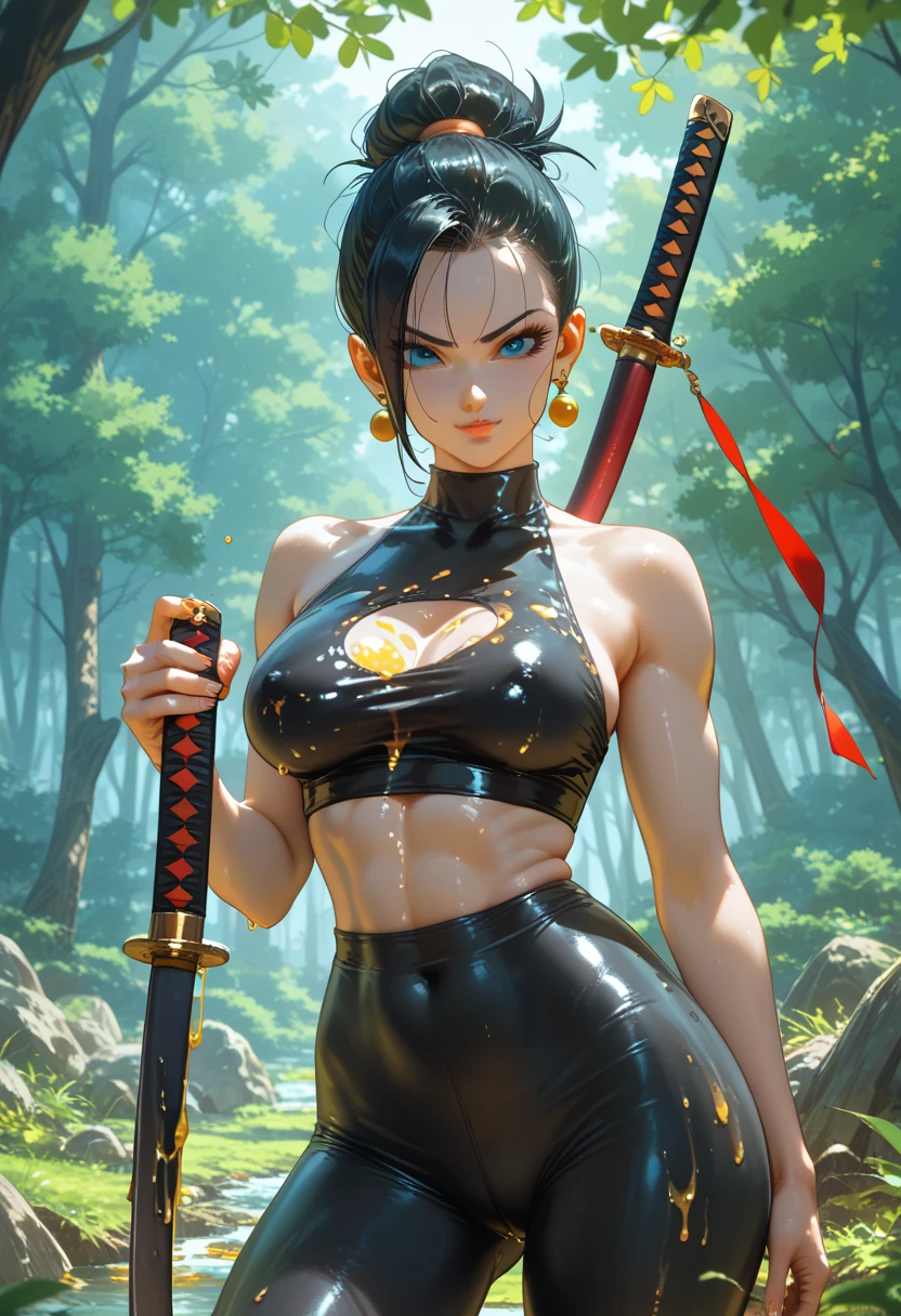 Beautiful 40 year old woman, short hair, black hair, serious face, small nose, best quality, masterpiece, big tits, natural tits, with clothes, half body