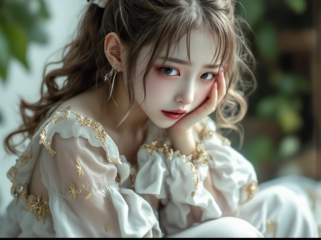 anime girl with big eyes and a white shirt sitting at a table, cute anime face, cute expression, extremely cute anime girl face, cute natural anime face, cute large eyes , Hands on the chin , big cute eyes, with cute doting eyes, cute detailed digital art, beautiful anime face