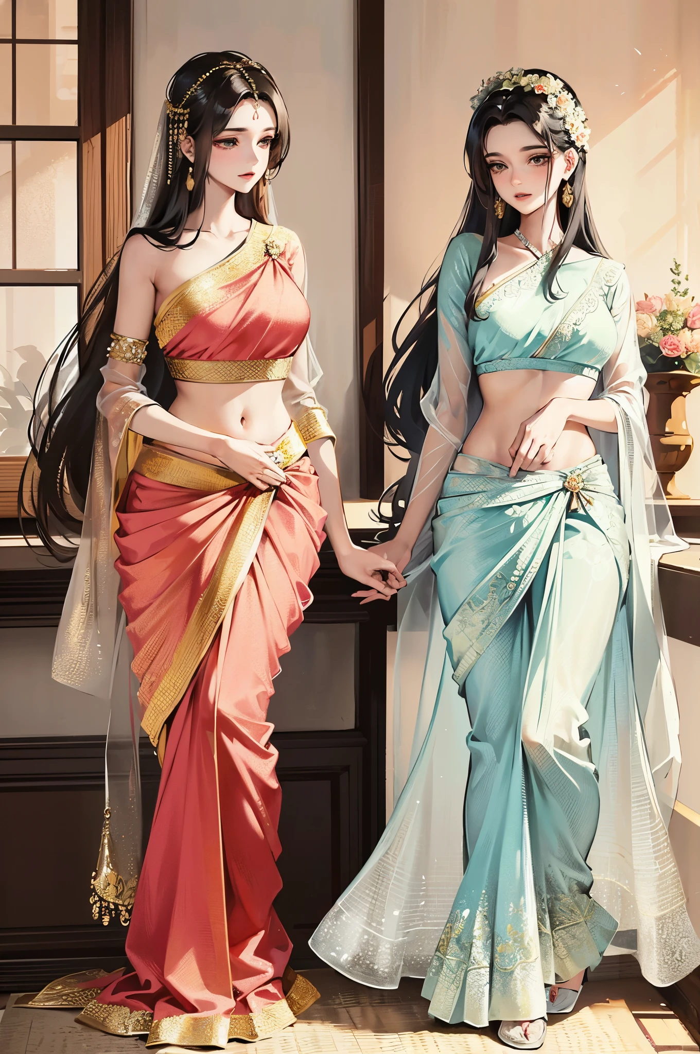Dani Daniel in saree realistic with smile well figured , detailed background,