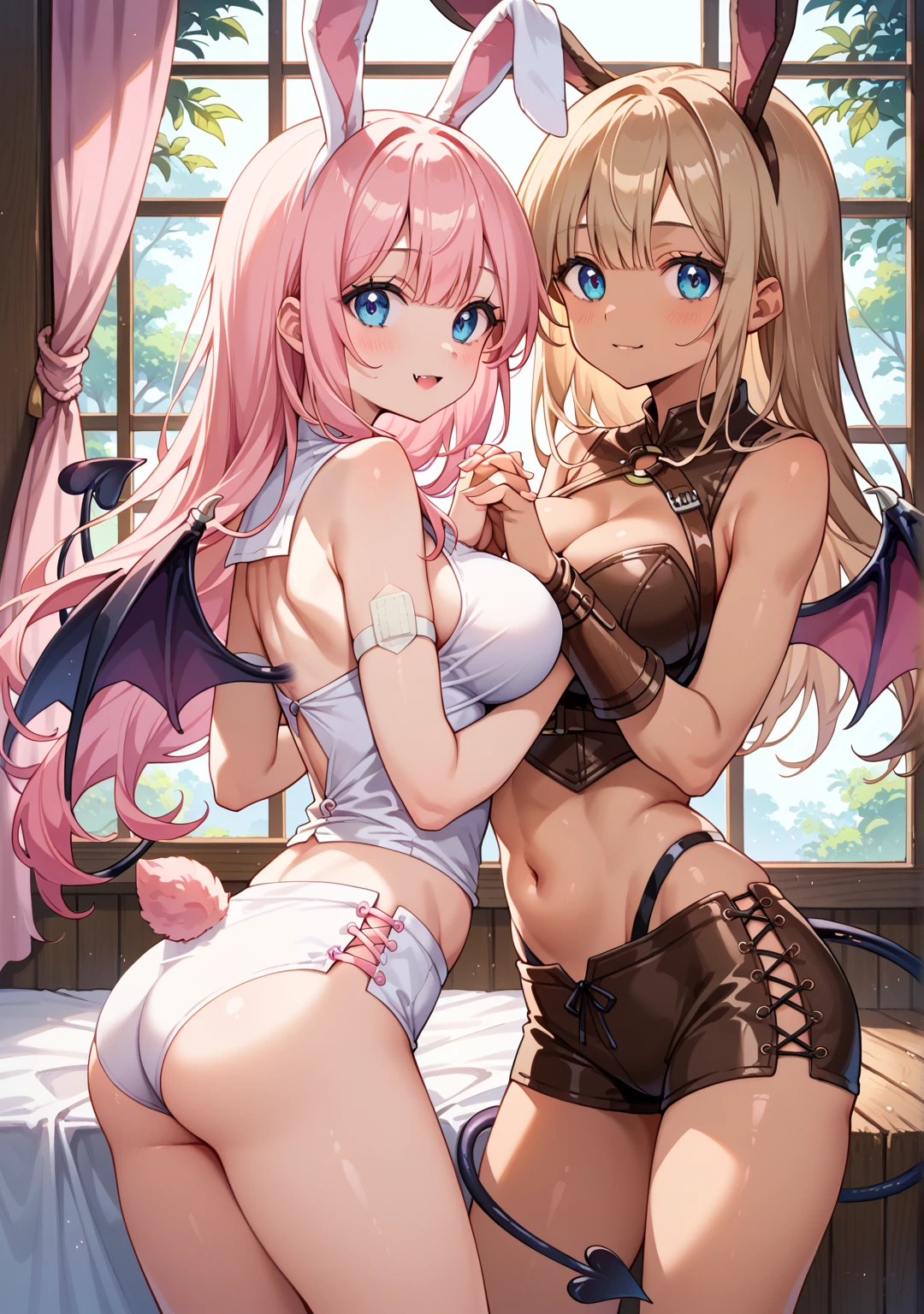 score_9, score_8_up, score_7_up, 1girl, akugaki koa, idol es, heart ahoge, blue bow, blue eyes, yellow eyes,heterochromia, light blue hair, open mouth, pointy ears, wings, tail, horns, hairclip, heart ahoge, hair bow, masterpiece, best quality, very aesthetic, absurdres, black thighhighs, black elbow gloves, bedroom, girl on bed, ahegao, small breasts, spread legs, tai grab, grabbing others tail, lifted from tail, grabbing tail from behind, hanging from tail