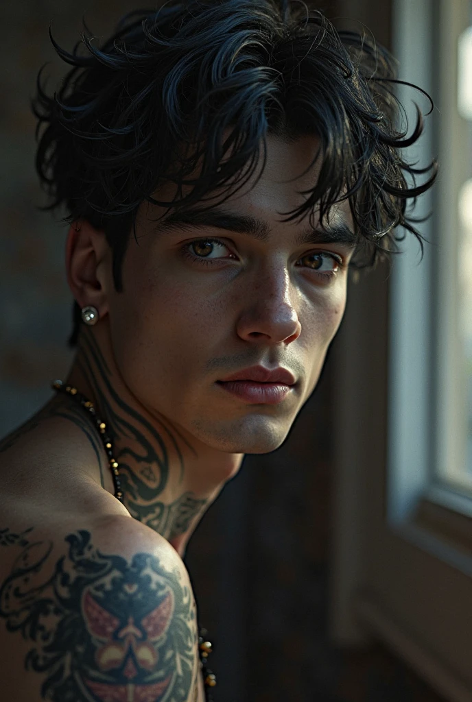 Arafed man with a tattoo on his chest brushing his teeth., Timothée Chalamet, inspirado en Jean Malouel, portrait of Timothée Chalamet, inspirado en Hedi Xandt, estilo de seb mckinnon, raphael personnaz, inspired by Nicolás Marsicano, Frank Dillane, editorial photography, cuchilla del grupo de drenaje