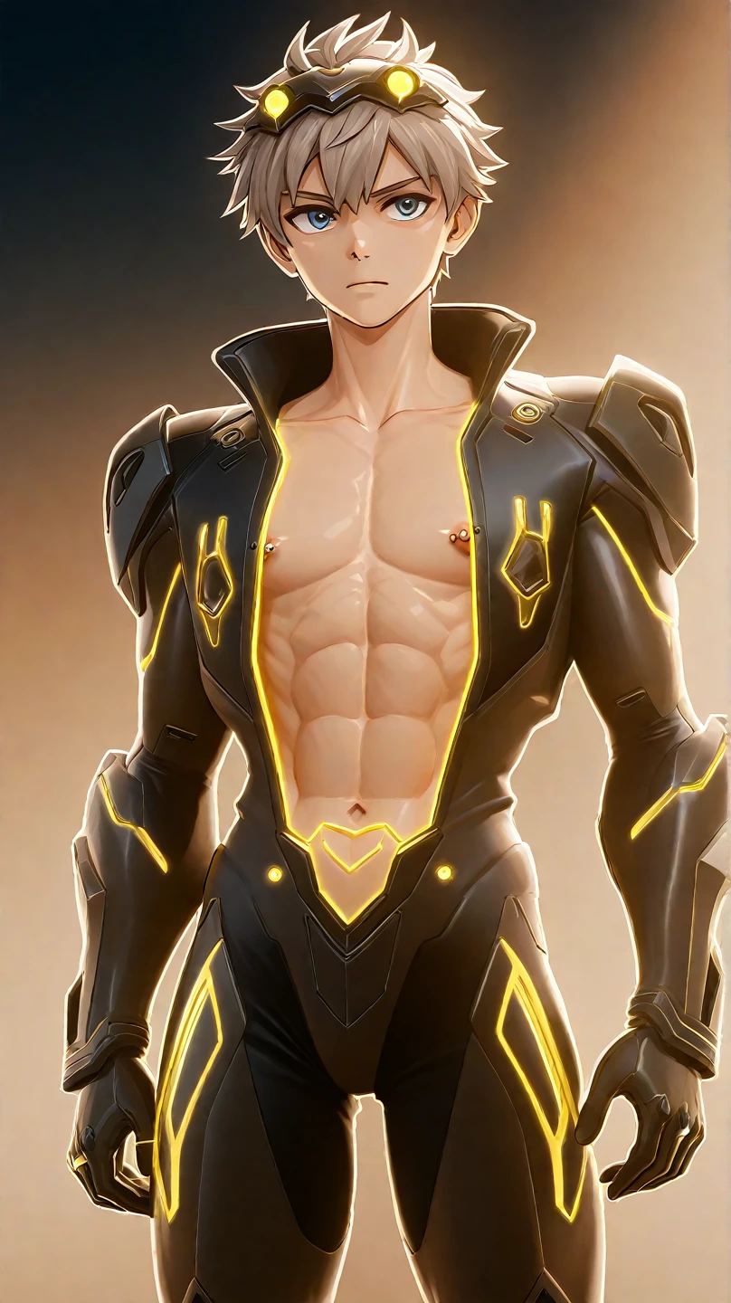 Arav man in yellow and black clothing poses for a photo, muscular!! Science Fiction, knee, As an Overwatch character, Heroic masculine pose, From Overwatch, Firmware version, muscular! Cyberpunk, muscular male hero, Energy Man's Epic Animation, Extremely detailed artger, muscular!!, Very detailed and beautiful fan art, As an Overwatch character
