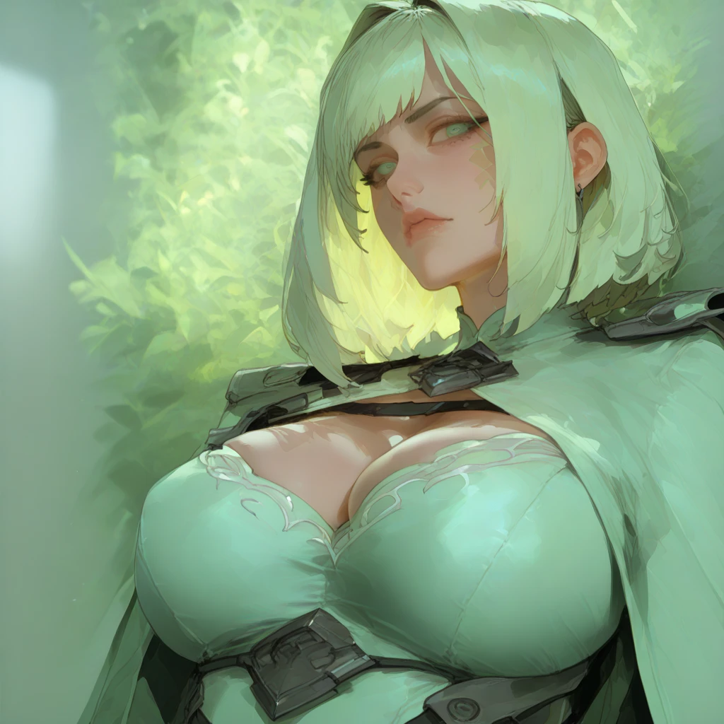 masterpiece, best quality, fembyleth, light green hair, green eyes, detached collar, black cape, black crop top, breastplate, tassel, belt, short shorts, gauntlets, portrait, ((torn clothes)), ((beaten and injured person)), ((crying)), ((big tits)), ((thick thighs)), closed eyes