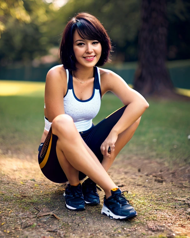 8k, RAW photo, best quality, ultra high resolution, photorealistic, slim girl with black purple short undercut haircut, eye makup, smiling, gym, squat, white sneakers