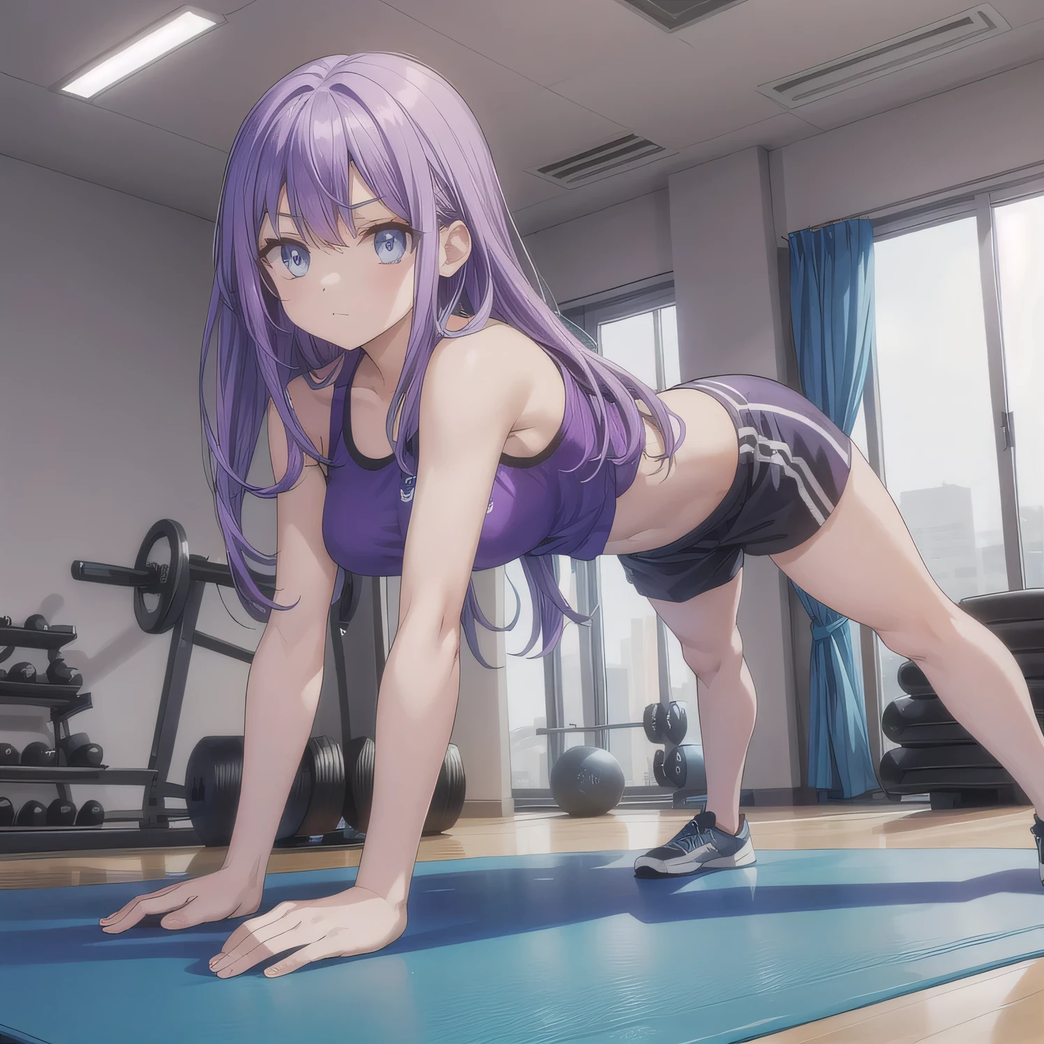 A person doing a plank exercise on a mat in a fitness gym, minimal equipment, bright interior.  Purple hair, long hair, blue eyes.