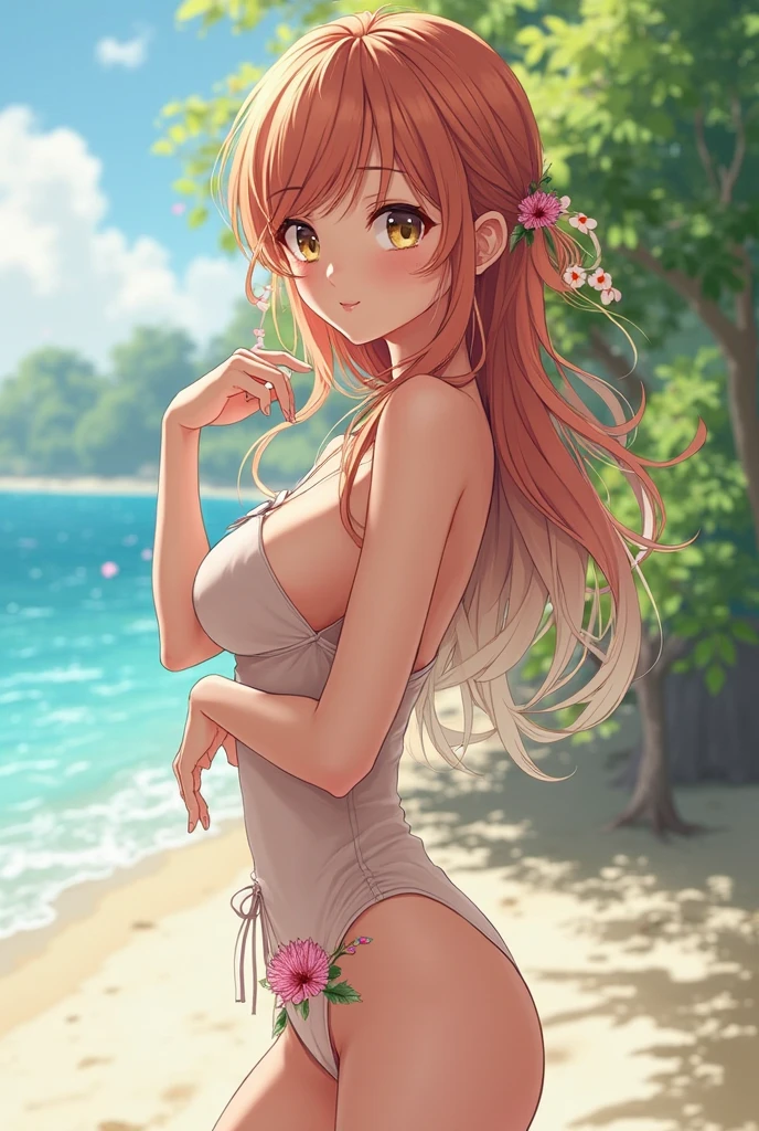 (high resolution, upper body, soft skin:1.2),(best illustration,masterpiece:1.2),ultra-detailed,[(cat ears , red inside:1.2, red braided hair, blue cat eyes),vivid colors,sharp focus, sunlight,bokeh, wearing a checkered bikini, beach background, smiling, sitting,  from below, back turned to viewers